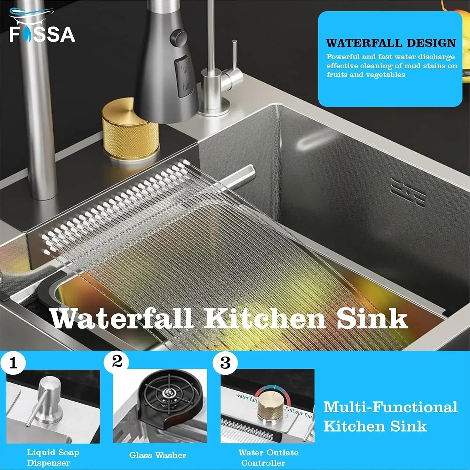 Smart Waterfall (37"x18"x10) Inch 304 Stainless Steel Kitchen Sink Silver