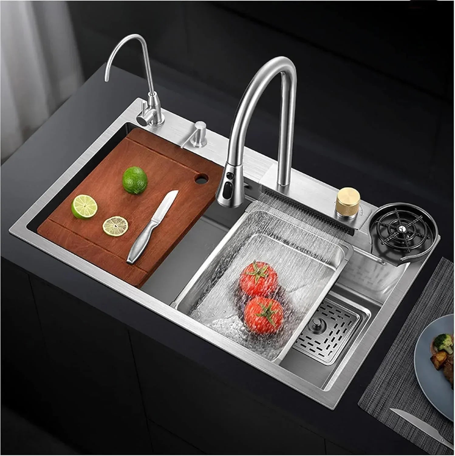 Smart Waterfall (37"x18"x10) Inch 304 Stainless Steel Kitchen Sink Silver